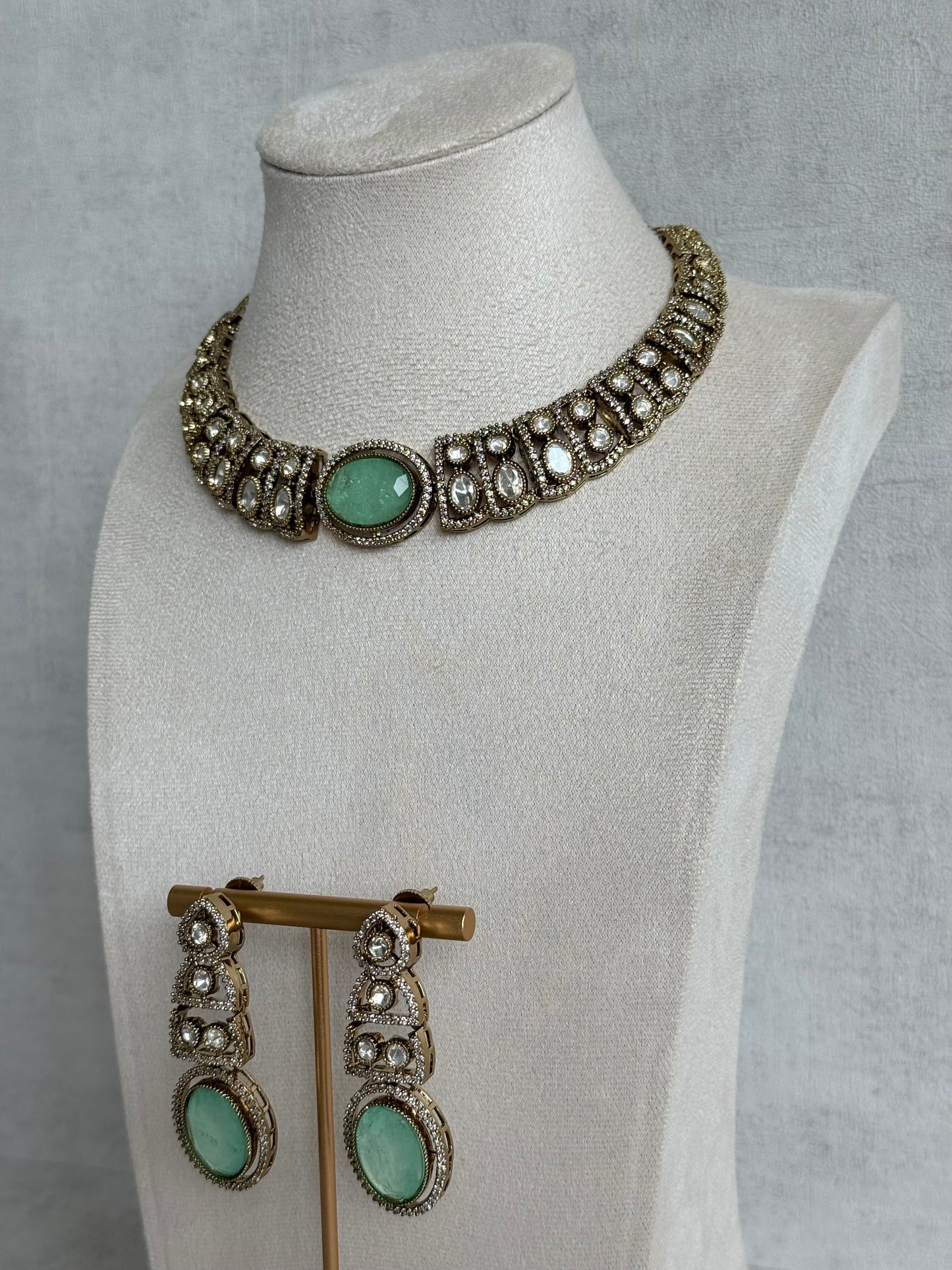 Ayura Designs Sadie Necklace Set with Earrings – Mint Green Centre Stone, Moissanite Style Stones & Crystal Halo Detailing