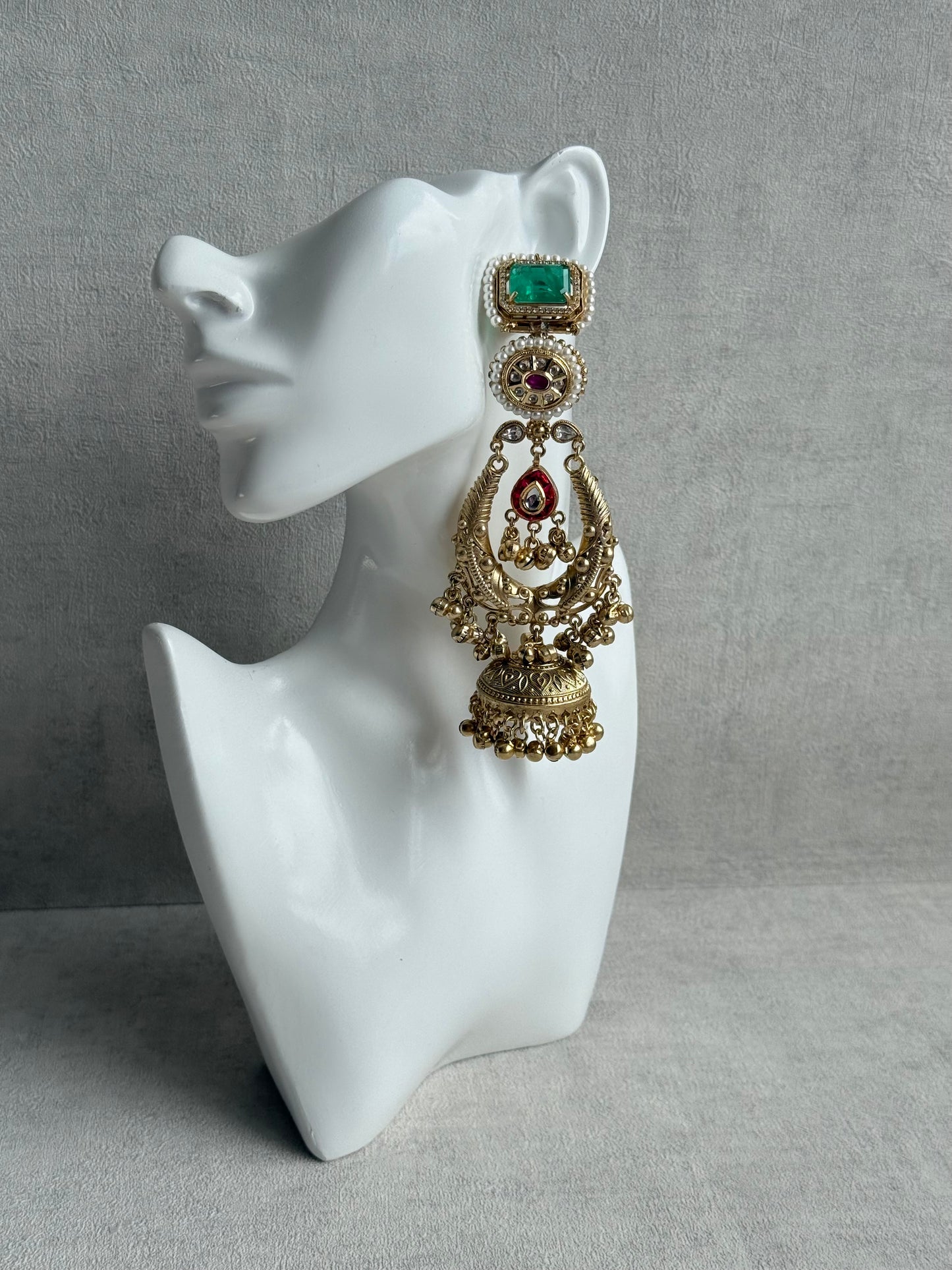 Ayura Designs Zirwa Earrings – Statement Jhumkis with Jade Green Stones, Ruby Accents, Pearl Borders & Ghungroos