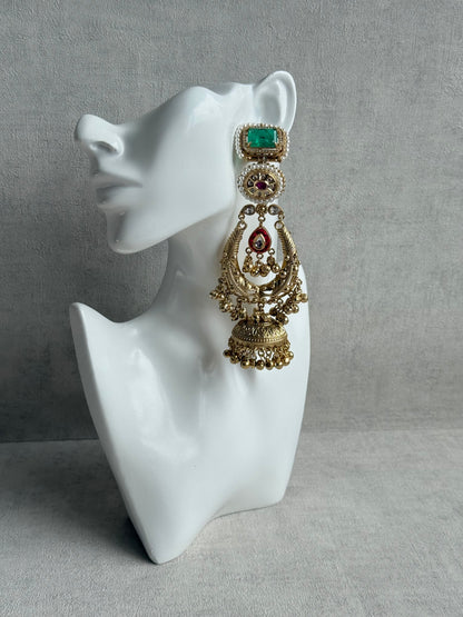 Ayura Designs Zirwa Earrings – Statement Jhumkis with Jade Green Stones, Ruby Accents, Pearl Borders & Ghungroos
