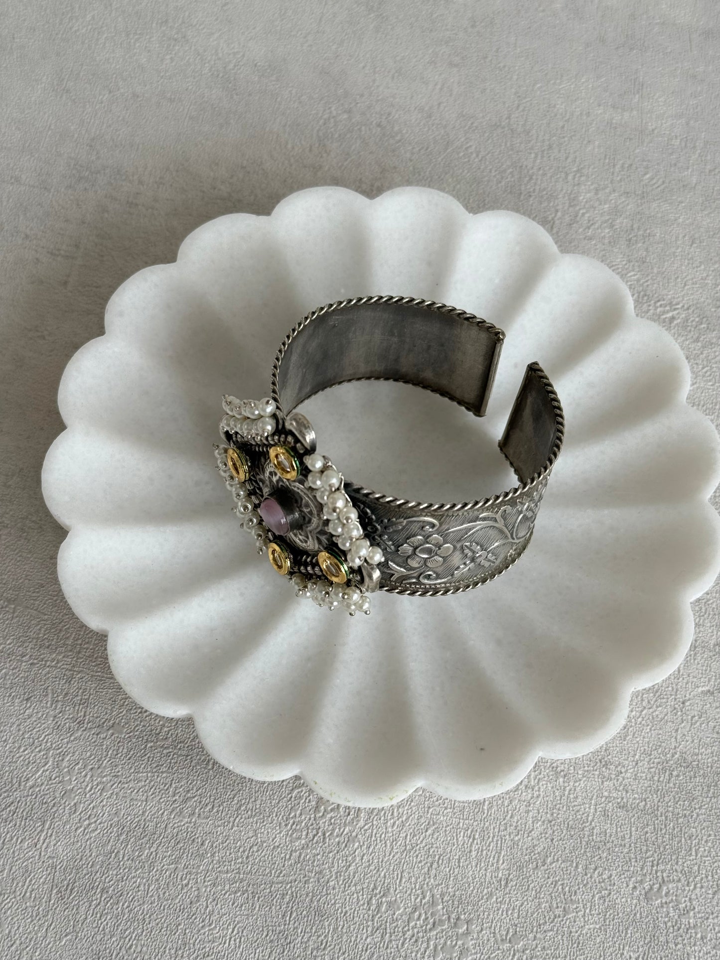 Ayura Designs Suhani Adjustable Kashmiri Cuff Bracelet – Pearl Floral Motif with Pink Stone & Kundan Detailing
