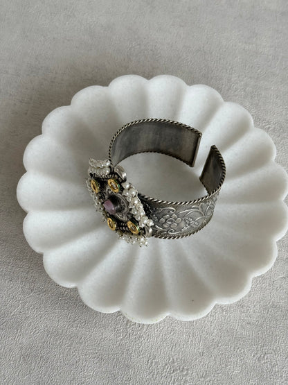 Ayura Designs Suhani Adjustable Kashmiri Cuff Bracelet – Pearl Floral Motif with Pink Stone & Kundan Detailing