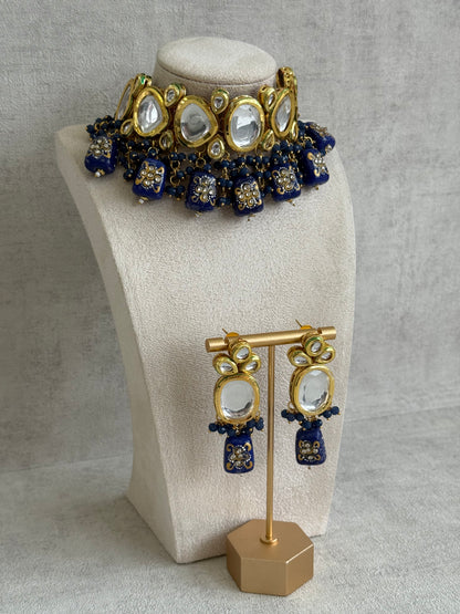 Ayura Designs Gyan Set With Choker And Earrings – Kundan Stones And Navy Blue Meenakari Drops