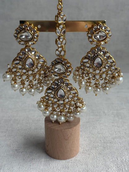 Ayura Designs Javeria Set with Earrings & Tikka – Ivory Pearls, Mirror Kundan & Gold Finish