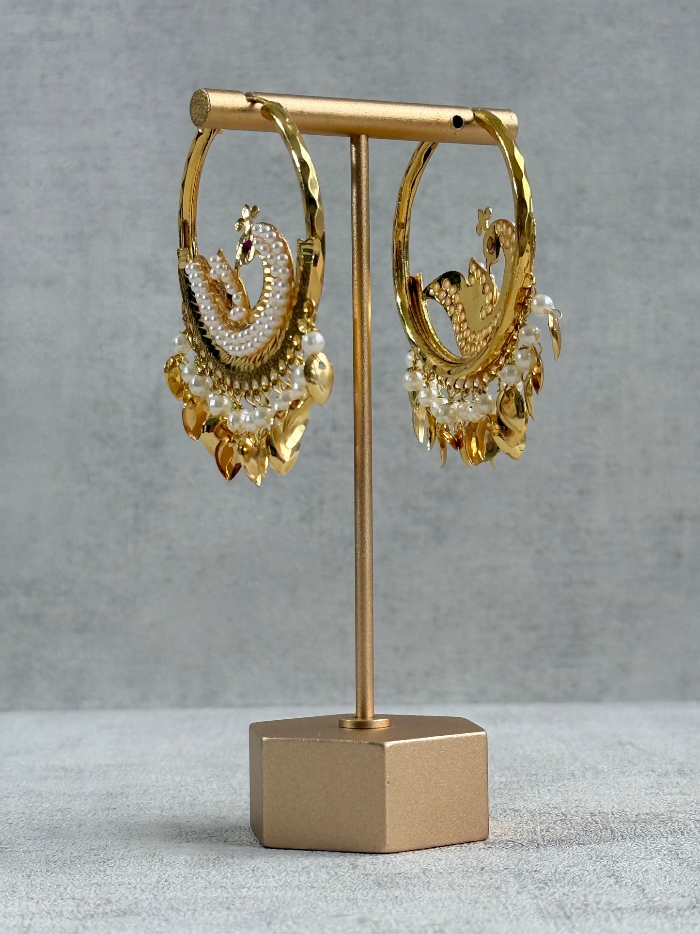 Ayura Designs Hansi Balis – Peacock Design with Pearl & Pippal Patti Detailing in Gold Finish