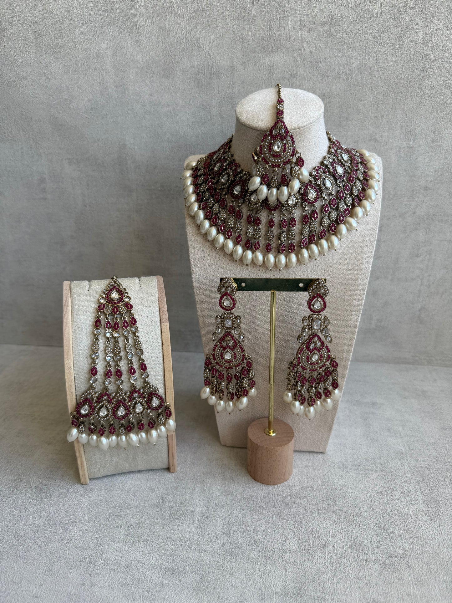 Ayura Designs Riwaayat Set with Necklace, Earrings, Tikka & Passa – Fuchsia Stones, Mirror-Cut Detailing & Ivory Pearl Drops