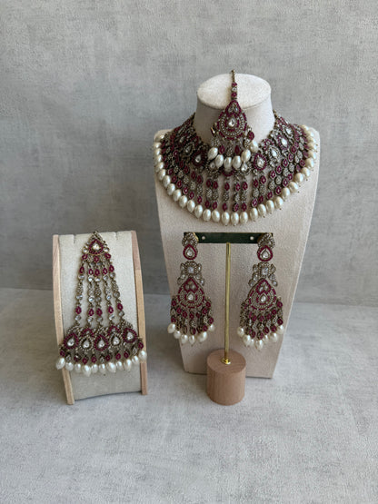 Ayura Designs Riwaayat Set with Necklace, Earrings, Tikka & Passa – Fuchsia Stones, Mirror-Cut Detailing & Ivory Pearl Drops