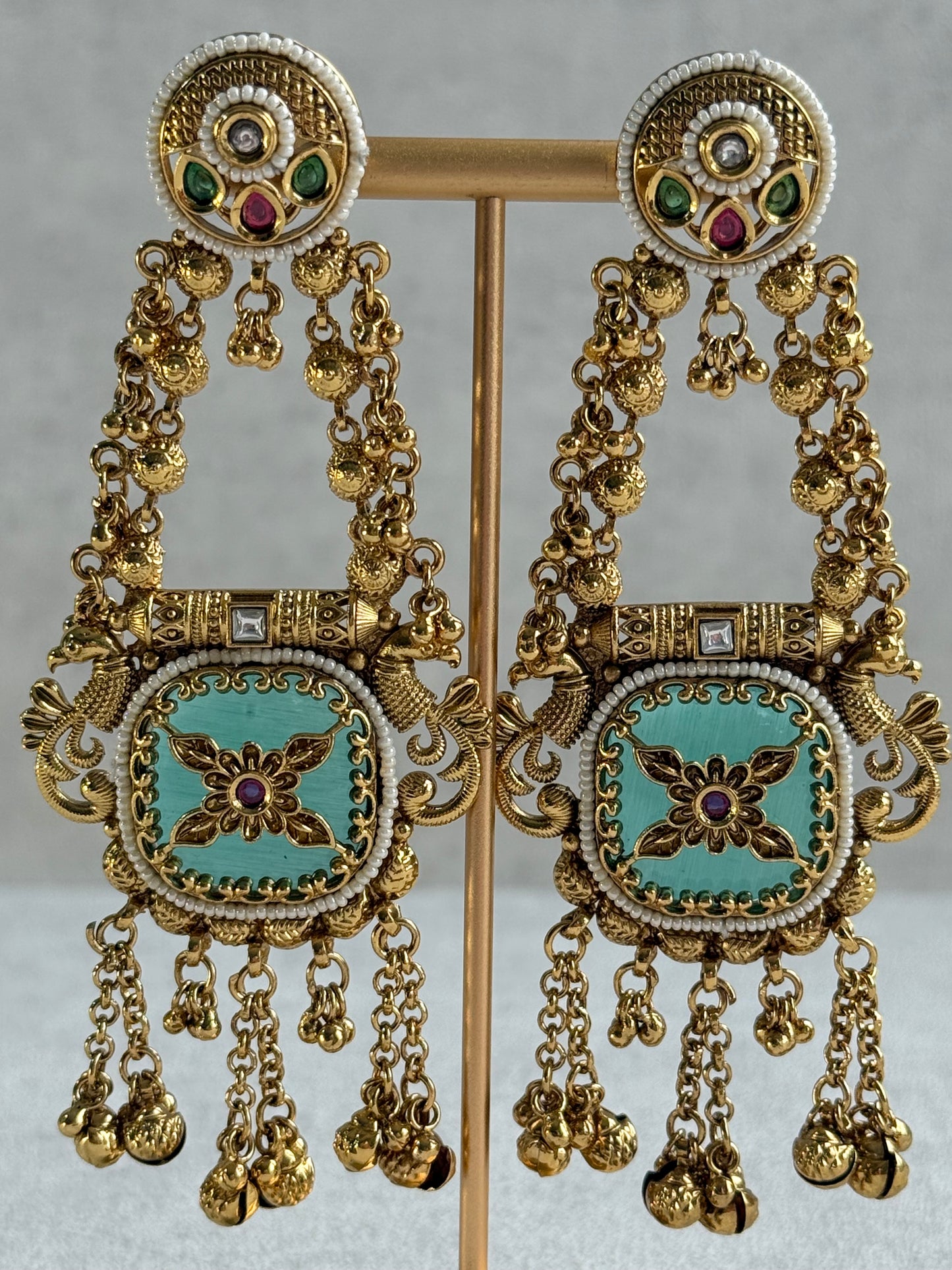 Ayura Designs Hazar Earrings – Gold Peacock Design with Mint Green Enamel, Multicoloured Stones, Pearl Beading & Ghungroo Detailing