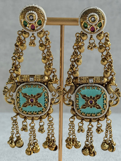 Ayura Designs Hazar Earrings – Gold Peacock Design with Mint Green Enamel, Multicoloured Stones, Pearl Beading & Ghungroo Detailing