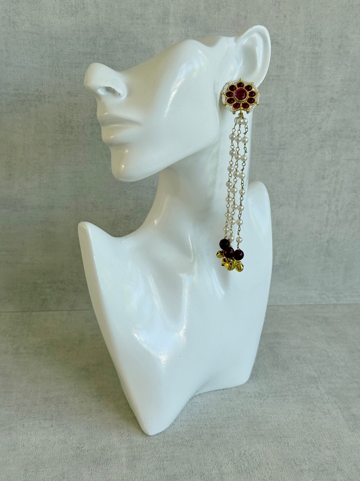 Ayura Designs Noorzar Earrings – Duster Earrings with Ruby Pink Stones, Maroon Beads, Pearl Chains & Ghungroo Detailing