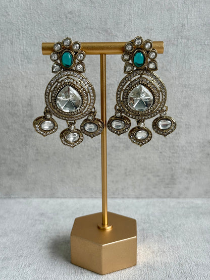 Ayura Designs Rahi Necklace Set with Earrings & Tikka – Teal Blue Stones with Mirror-Cut Detailing & Pearl Strands