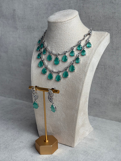 Ayura Designs Nida Set with Necklace & Earrings – Mint Green Stones, Diamond-Cut Accents & Silver Finish