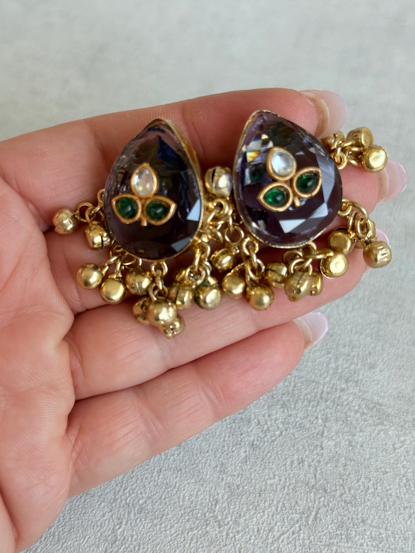 Ayura Designs Aykai Earrings – Smoky Blue Teardrop Stud Earrings with Green Kundan Stones & Gold Ghungroo Drops