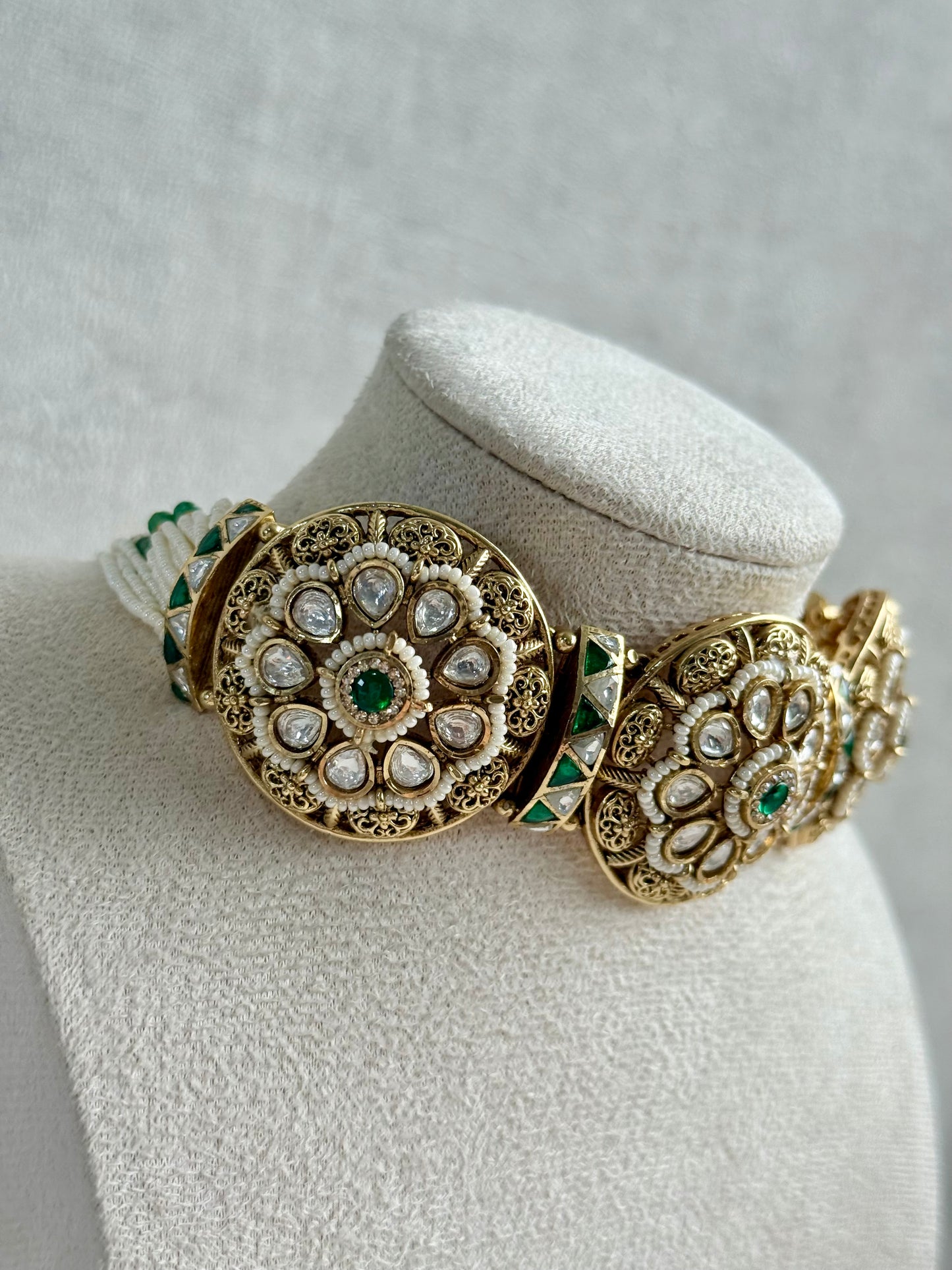Ayura Designs Tanu Choker Set – Antique Gold Choker & Jhumkis with Ruby & Emerald Kundan and Pearl Borders