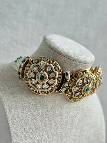 Ayura Designs Tanu Choker Set – Antique Gold Choker & Jhumkis with Ruby & Emerald Kundan and Pearl Borders