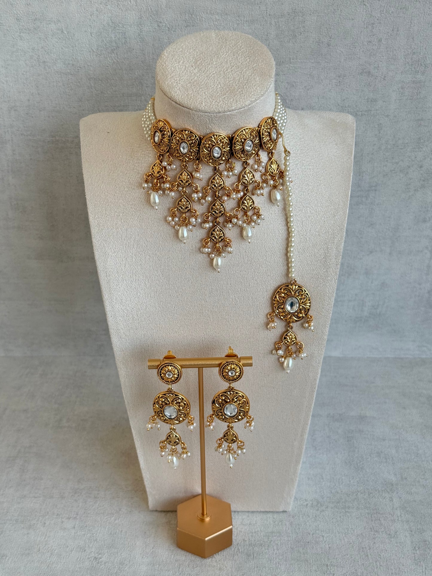 Ayura Designs Mohak Choker Set with Earrings & Tikka – Gold Waterfall Design with Kundan & Pearl Drops