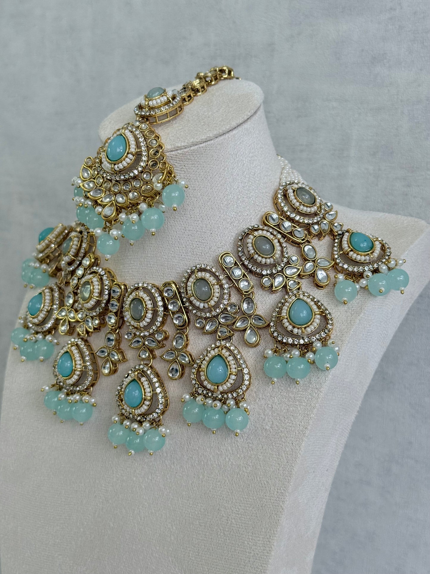 Ayura Designs Janvi Set with Necklace, Earrings & Tikka – Kundan Detailing, Aqua Blue Beads & Ivory Pearl Drops
