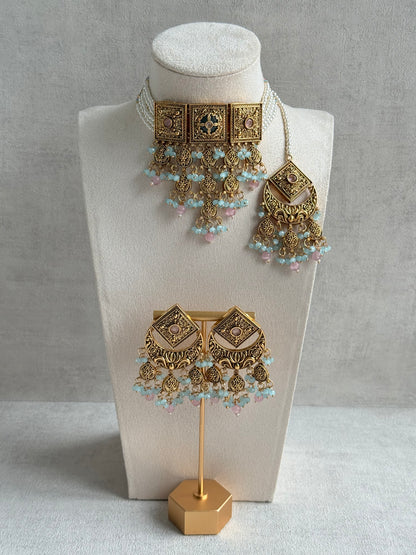 Ayura Designs Samera Choker Set with Earrings & Tikka – Aqua Blue & Blush Pink Beads, Green Centre Stone, Floral Motifs & Antique Gold Finish