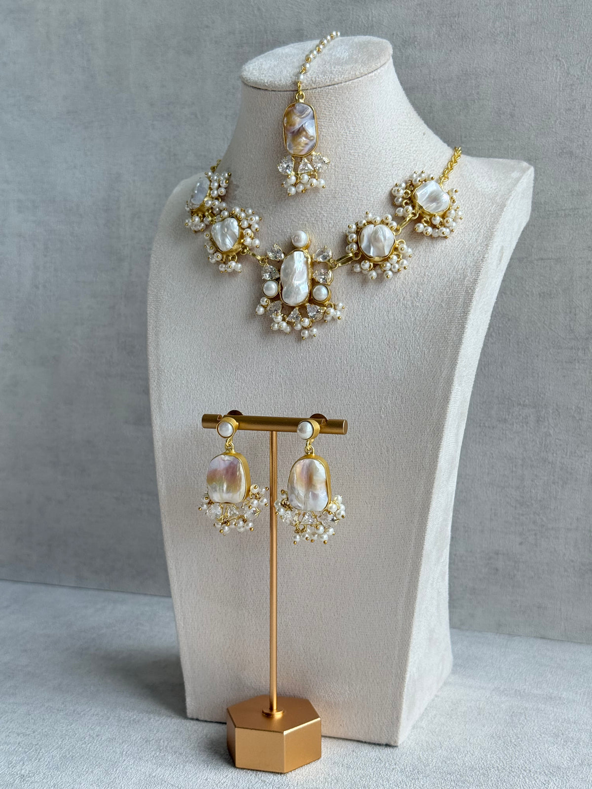Ayura Designs Niamh Set with Tikka & Earrings - Baroque Pearl, Mother of Pearl & Crystals