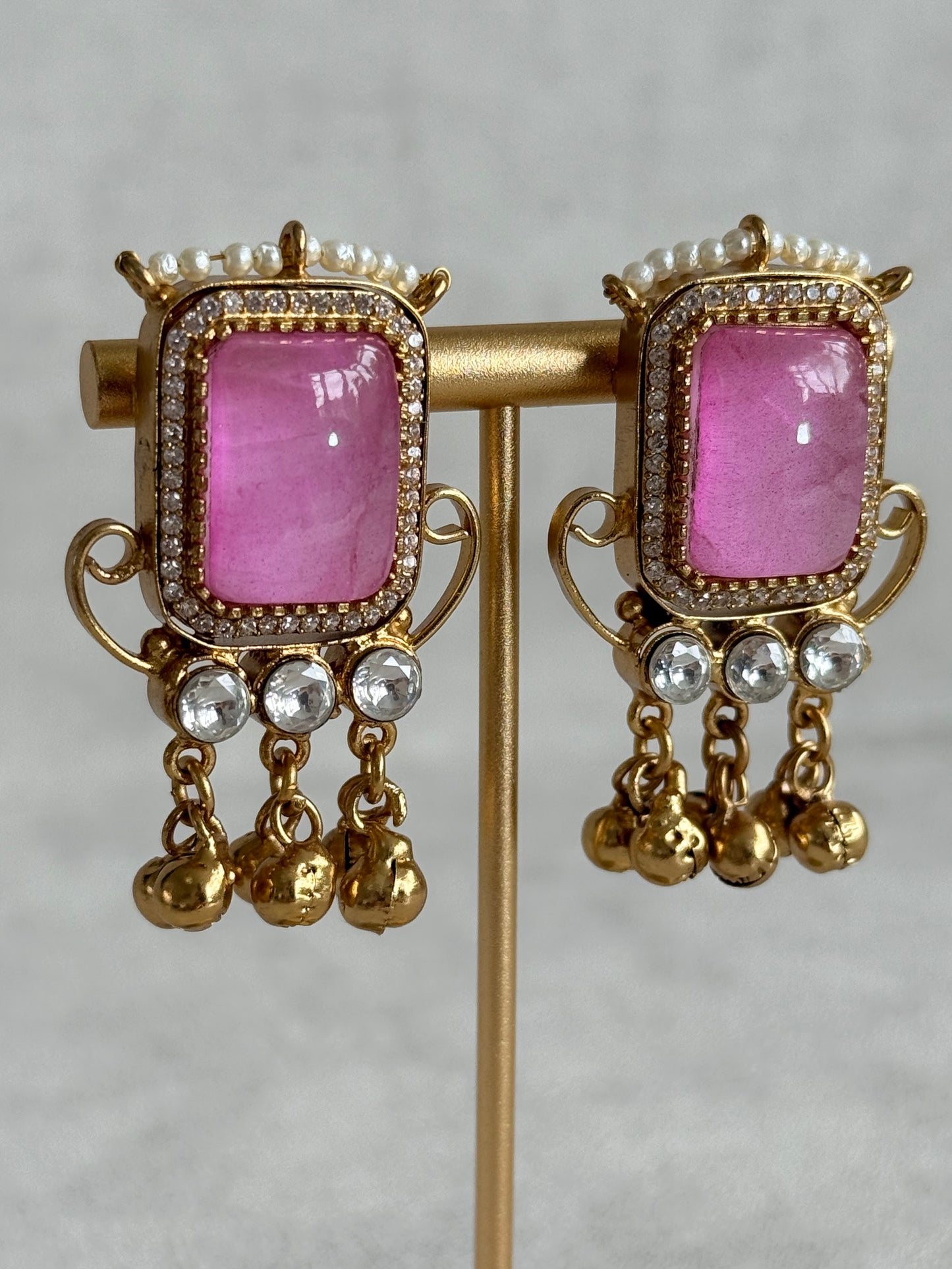 Ayura Designs Aleena Earrings – Rose Pink Stone Stud Earrings with Pearls & Ghungroo Detailing