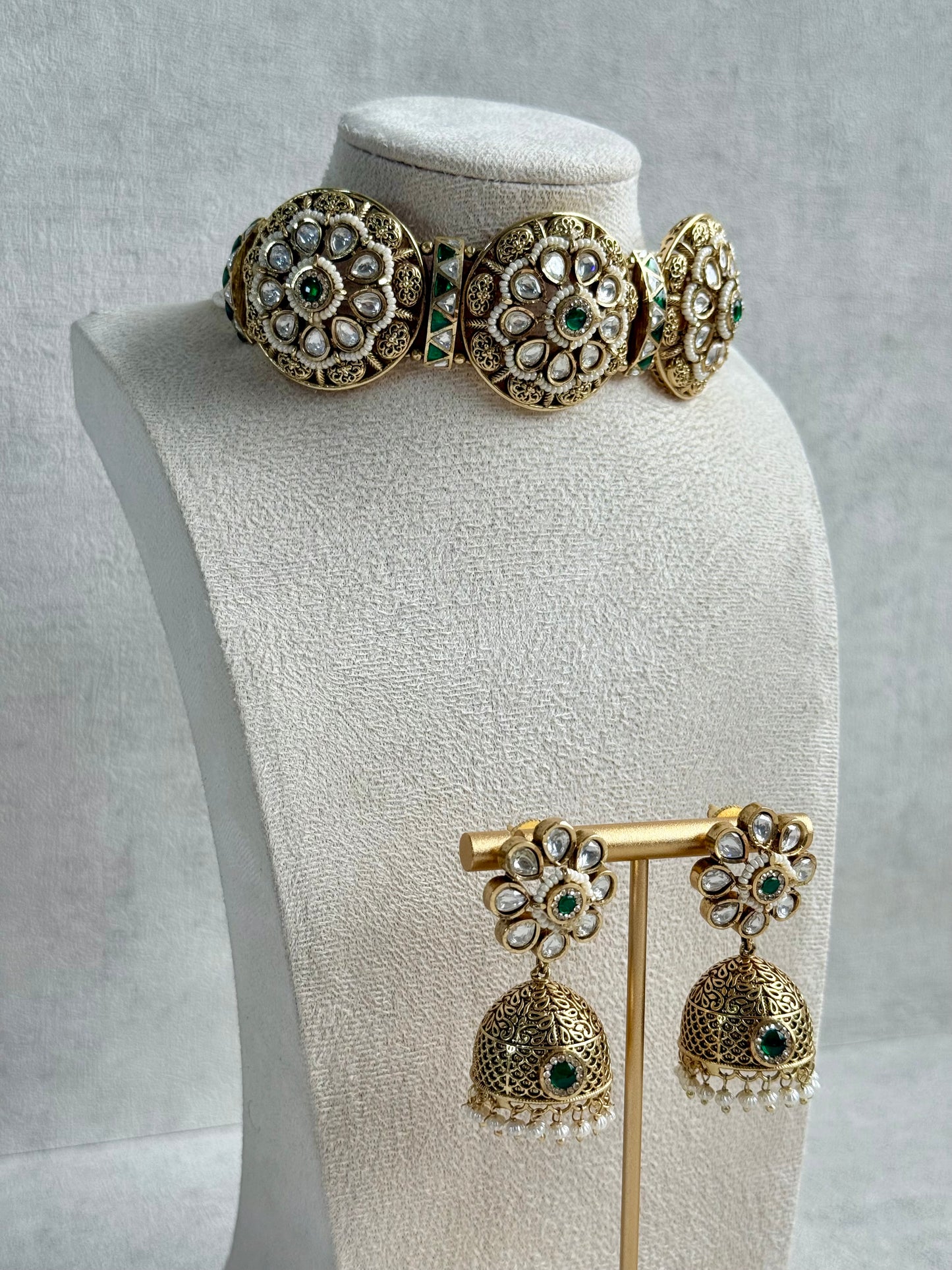 Ayura Designs Tanu Choker Set – Antique Gold Choker & Jhumkis with Ruby & Emerald Kundan and Pearl Borders