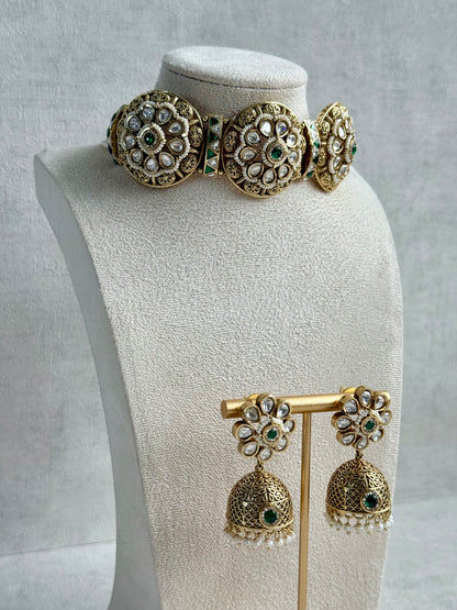 Ayura Designs Tanu Choker Set – Antique Gold Choker & Jhumkis with Ruby & Emerald Kundan and Pearl Borders