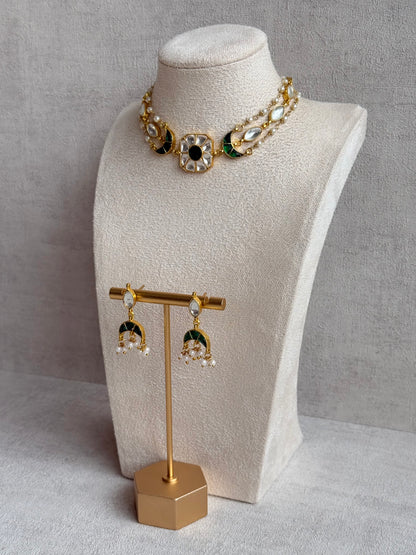 Ayura Designs Mahi Choker Set with Earrings – Meenakari Kundan Emerald Green & Ivory Detailing