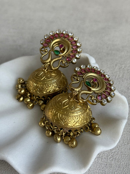 Ayura Designs Moraya Jhumkis – Berry Pink Peacock Motif with Antique Gold Detailing
