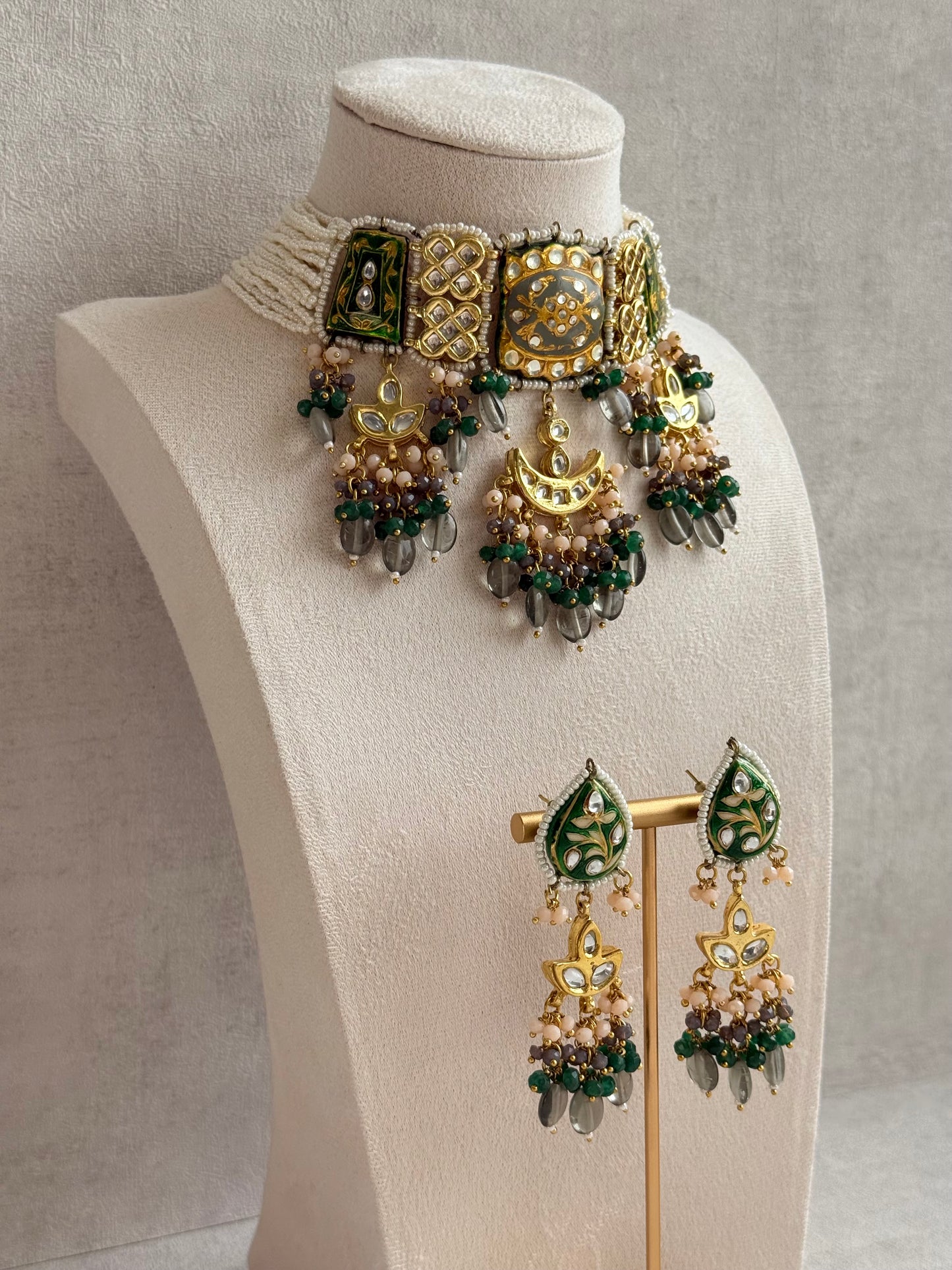 Ayura Designs Rehma Meenakari Kundan Choker Set with Earrings – Emerald Green & Pearl Bead Detailing