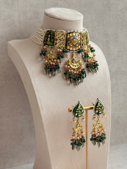 Ayura Designs Rehma Meenakari Kundan Choker Set with Earrings – Emerald Green & Pearl Bead Detailing