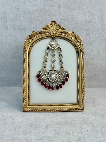 Ayura Designs Uma Jhoomar Passa – Ruby Red Drops with Kundan Stones & Antique Gold Finish