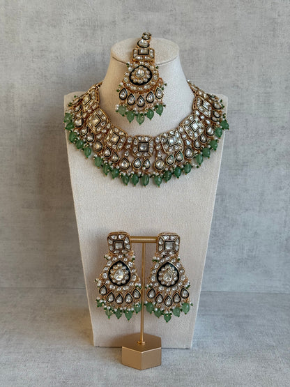 Ayura Designs Ishrat Set with Necklace, Earrings & Tikka – Kundan Detailing, Pearl Drops & Sage Green Beads