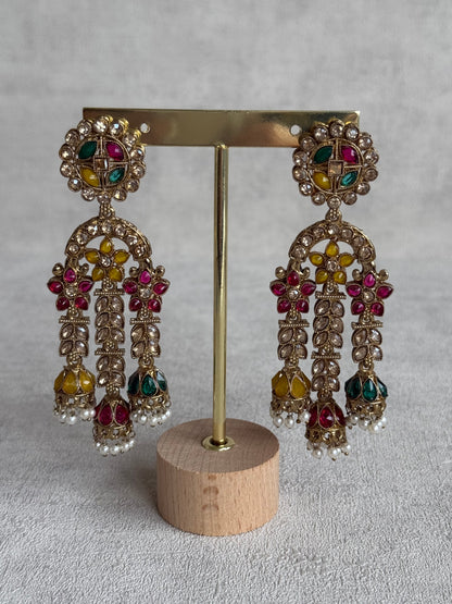 Ayura Designs Soraya Earrings – Multicolour Stones, Champagne Crystals, Pearl Detailing & Gold Finish