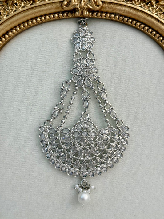 Ayura Designs Zeha Jhoomar Passa – Silver Finish with Mirror Cut Stones & Pearl Drop