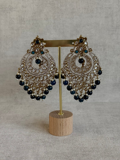 Ayura Designs Rabia Chandbalis – Antique Gold Kundan Earrings with Midnight Blue Beads, Pearls & Attached Sahare