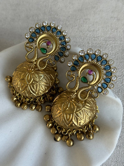 Ayura Designs Moraya Jhumkis – Ink Blue Peacock Motif with Antique Gold Detailing