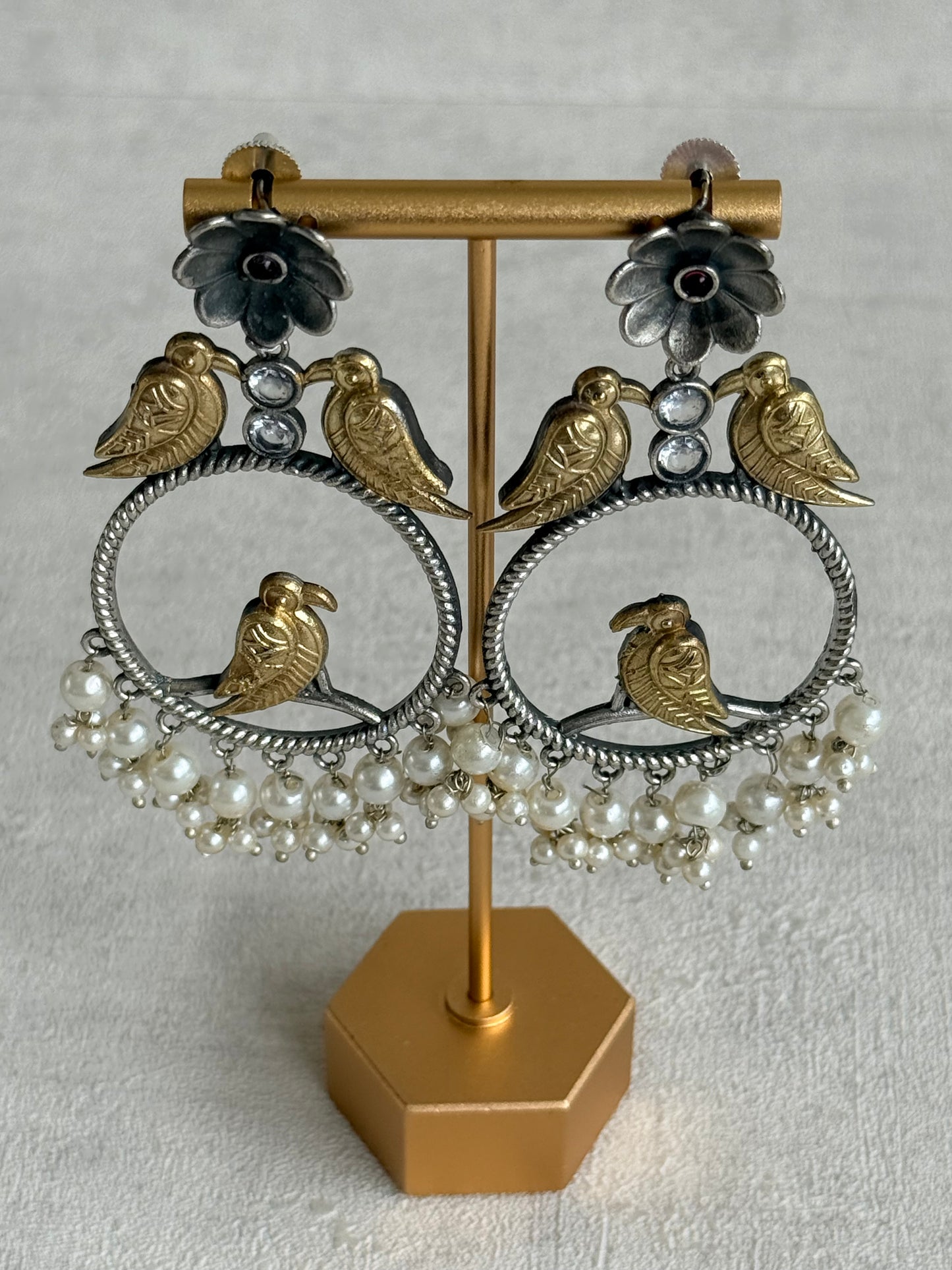 Ayura Designs Wasl Earrings – Dual Tone Oxidised Bird Hoop Earrings with Pearl Clusters