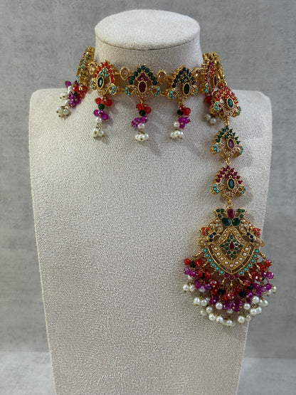 Ayura Designs Noor Set – Choker, Jhumkis with Sahare & Tikka in Multicolour with Pearl Detailing