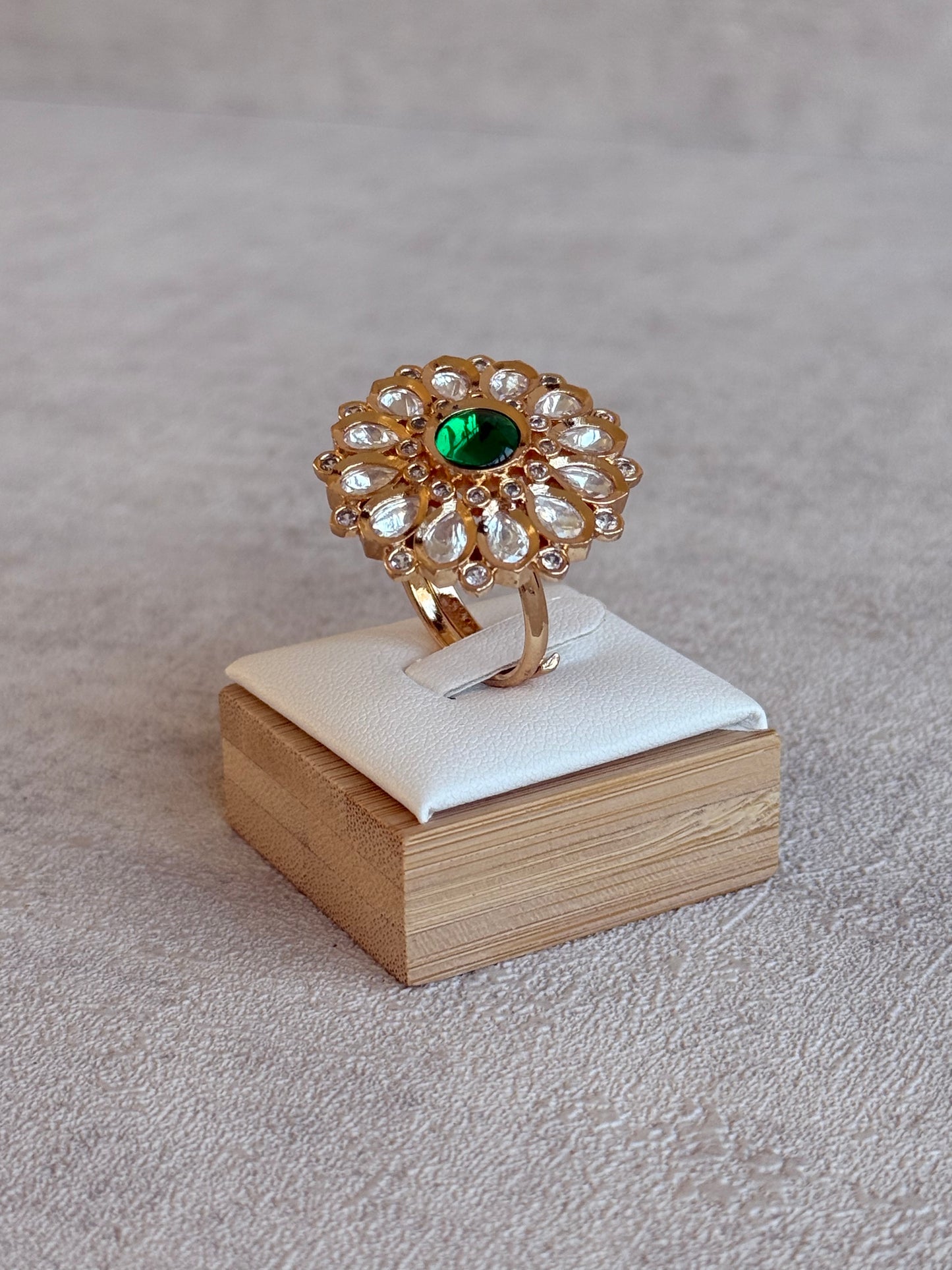 Ayura Designs Luisa Adjustable Ring – Emerald Green Centre Stone with Crystal Petal Detailing
