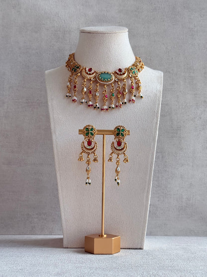 Ayura Designs Aavya Necklace Set – Aqua Green & Rani Pink Kundan Meenakari Design