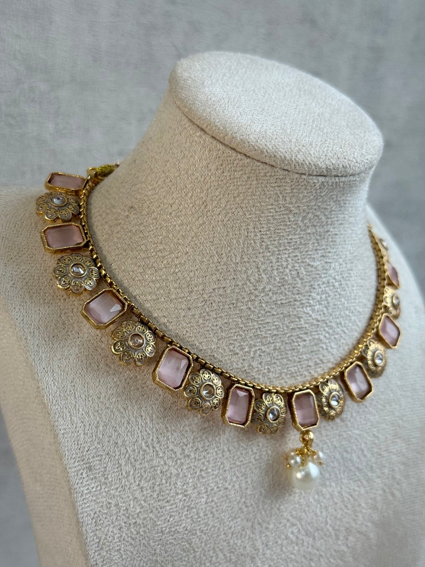 Ayura Designs Padma Necklace Set with Earrings – Blush Pink Stones with Pearl Drop Detailing