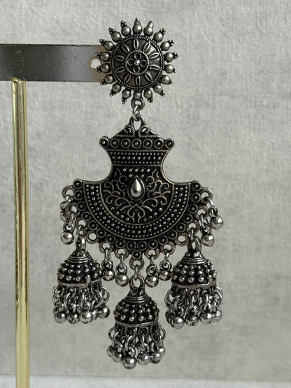 Ayura Designs Mahfar Earrings – Oxidised Silver Jhumkas with Sunburst Tops & Triple Dome Drops