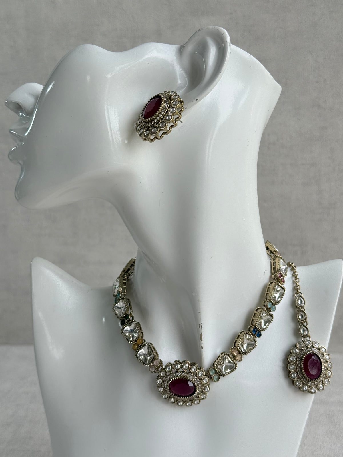 Ayura Designs Inza Necklace Set – Rani Pink, Multicolour Stones, Kundan & Crystals with Antique Gold Finish