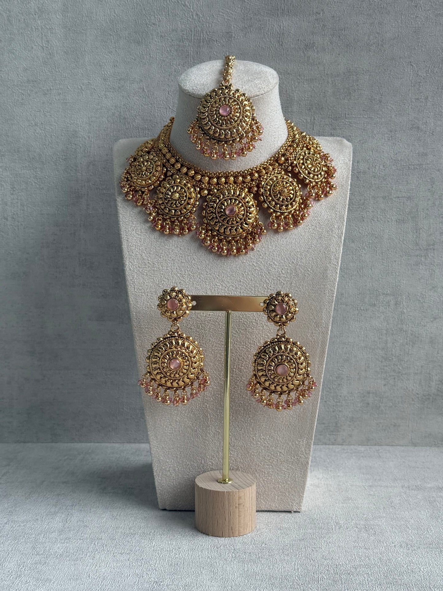 Ayura Designs Rummy Set – Statement Necklace, Earrings & Tikka with Blush Pink Beads and Polished Gold Finish