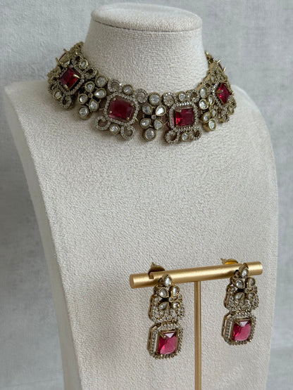 Ayura Designs Celine Necklace Set with Earrings – Moissanite Ruby Rose Statement Set