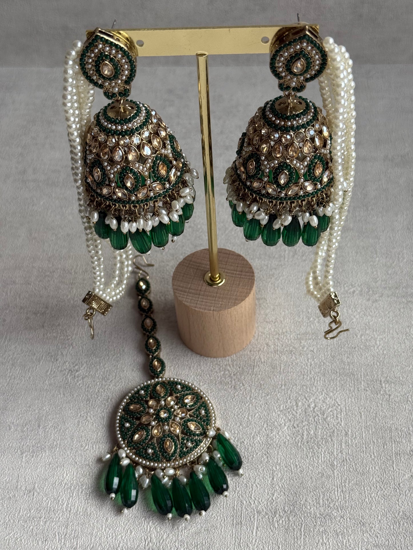 Ayura Designs Amrita Set – Jhumkis with Sahare & Tikka in Emerald Green Beads, Pearls and Antique Gold Finish