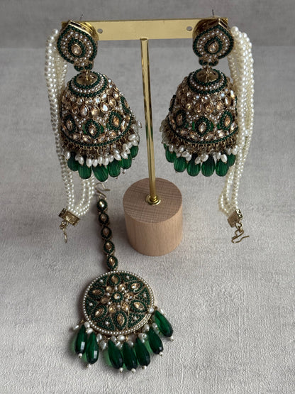 Ayura Designs Amrita Set – Jhumkis with Sahare & Tikka in Emerald Green Beads, Pearls and Antique Gold Finish