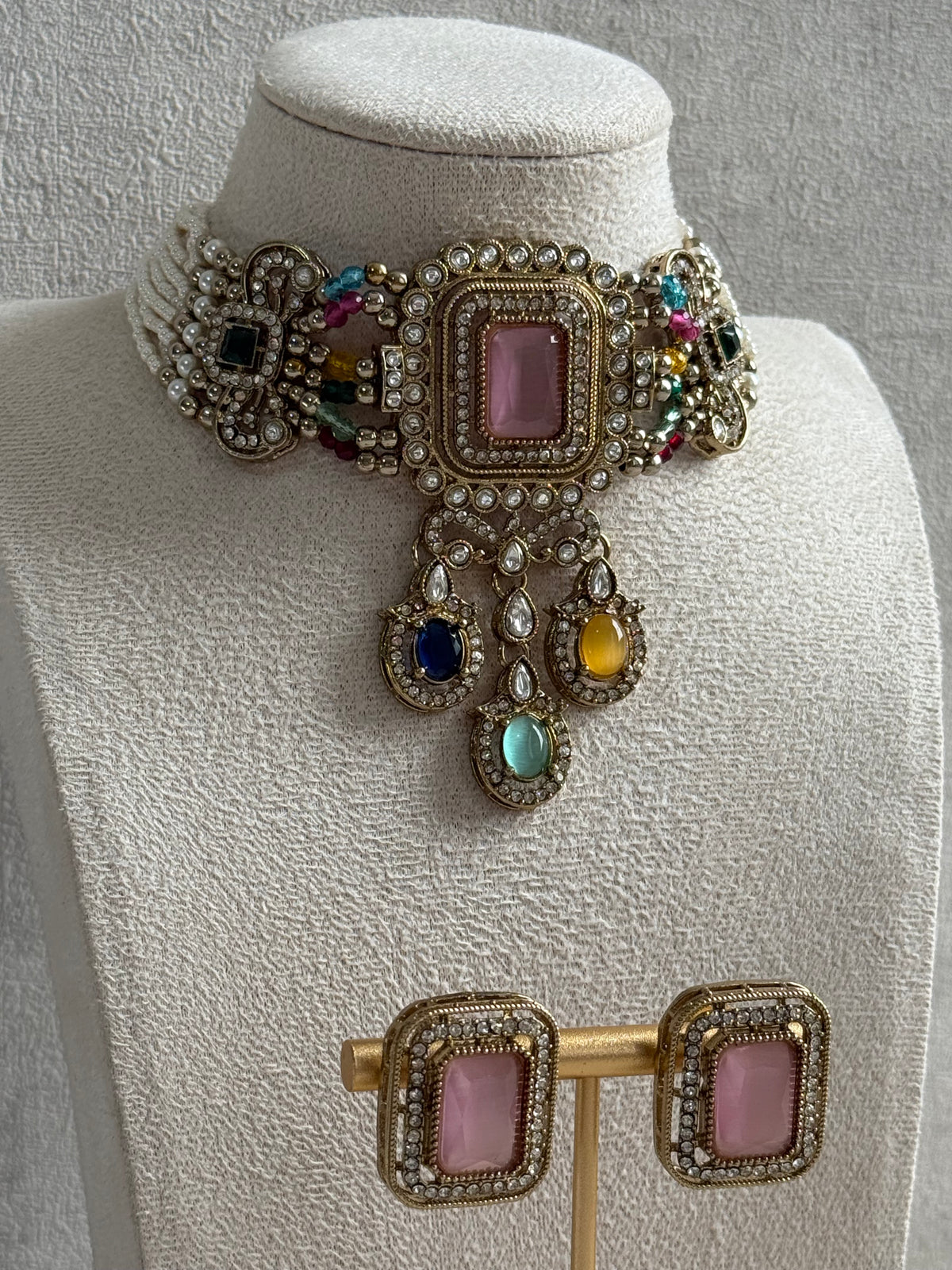 Ayura Designs Nabiha Choker Set with Studs – Blush Pink & Multicolour Stones, Pearl Detailing & Antique Gold Finish