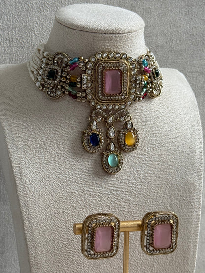 Ayura Designs Nabiha Choker Set with Studs – Blush Pink & Multicolour Stones, Pearl Detailing & Antique Gold Finish