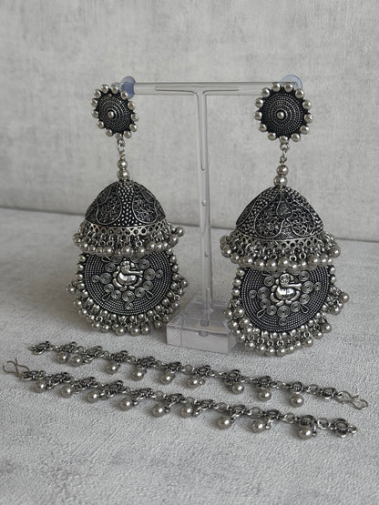 Ayura Designs Kashish Earrings – Oxidised Silver with Lord Ganesh Motif, Dome Jhumkas & Matching Sahare