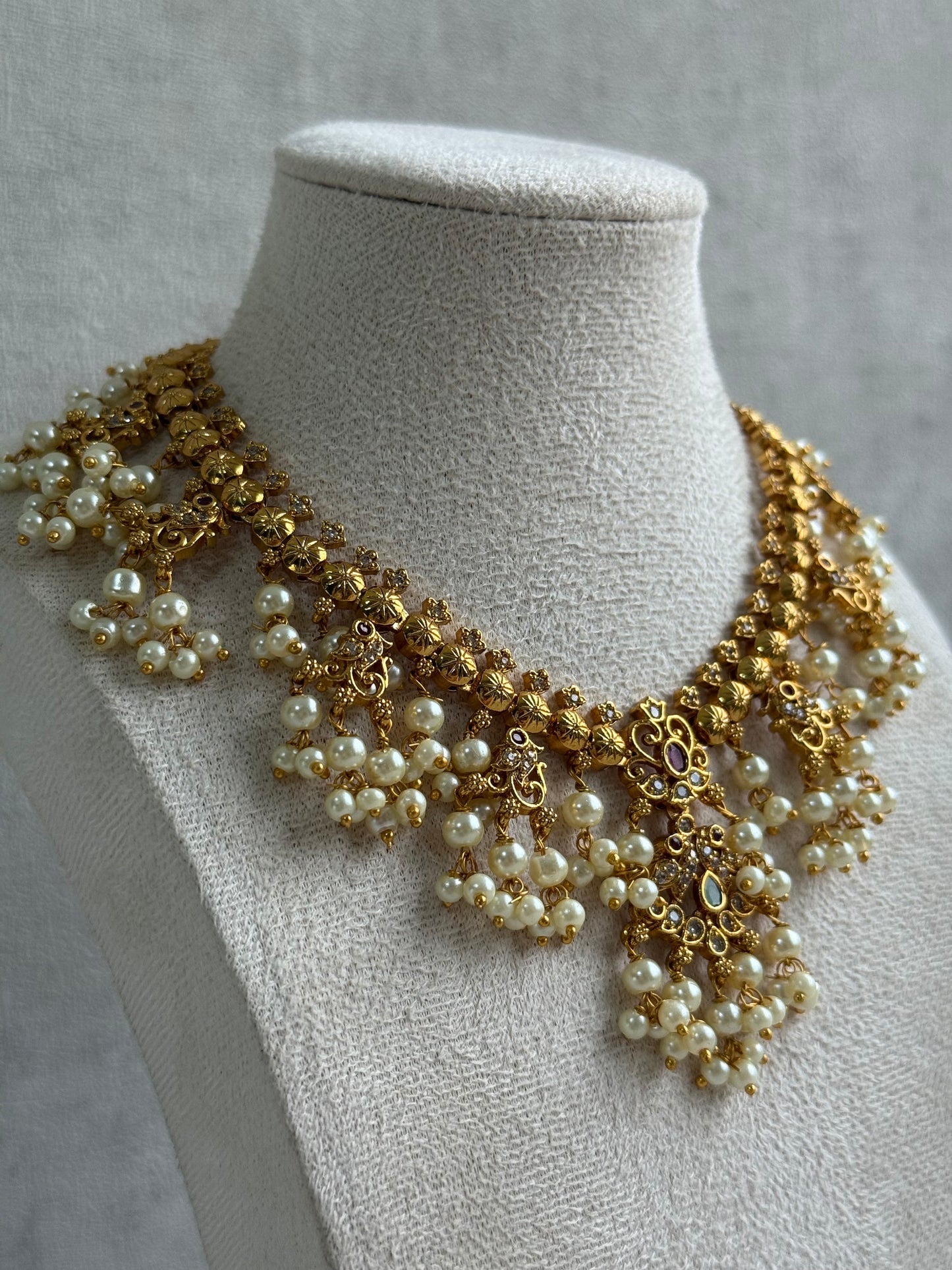 Ayura Designs Tanvi Set – Antique Gold Necklace & Earrings with Kundan, Ruby, Emerald & Pearl Detailing